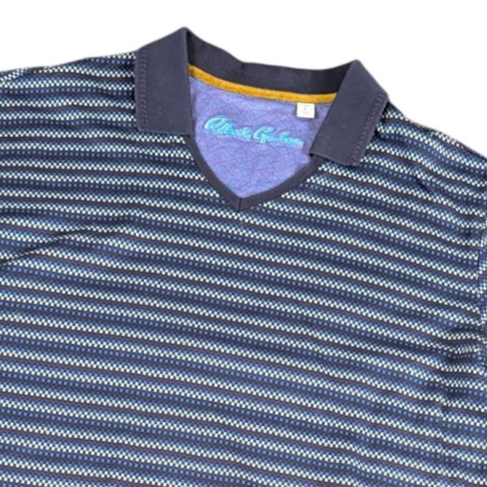 Robert Graham Mens‎ Classic Fit Blue Geometric Micro Check V-Neck Polo Shirt L